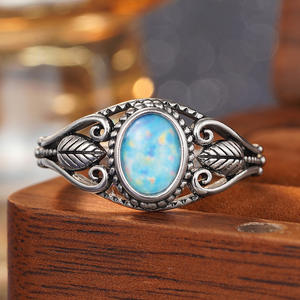 T0948 Women's 925 Sterling <b>Silver</b> <b>Opal</b> <b>Ring</b> Feather Design Antique <b>Silver</b> Plated Bezel Setting Gift Jewelry - Product Image 6