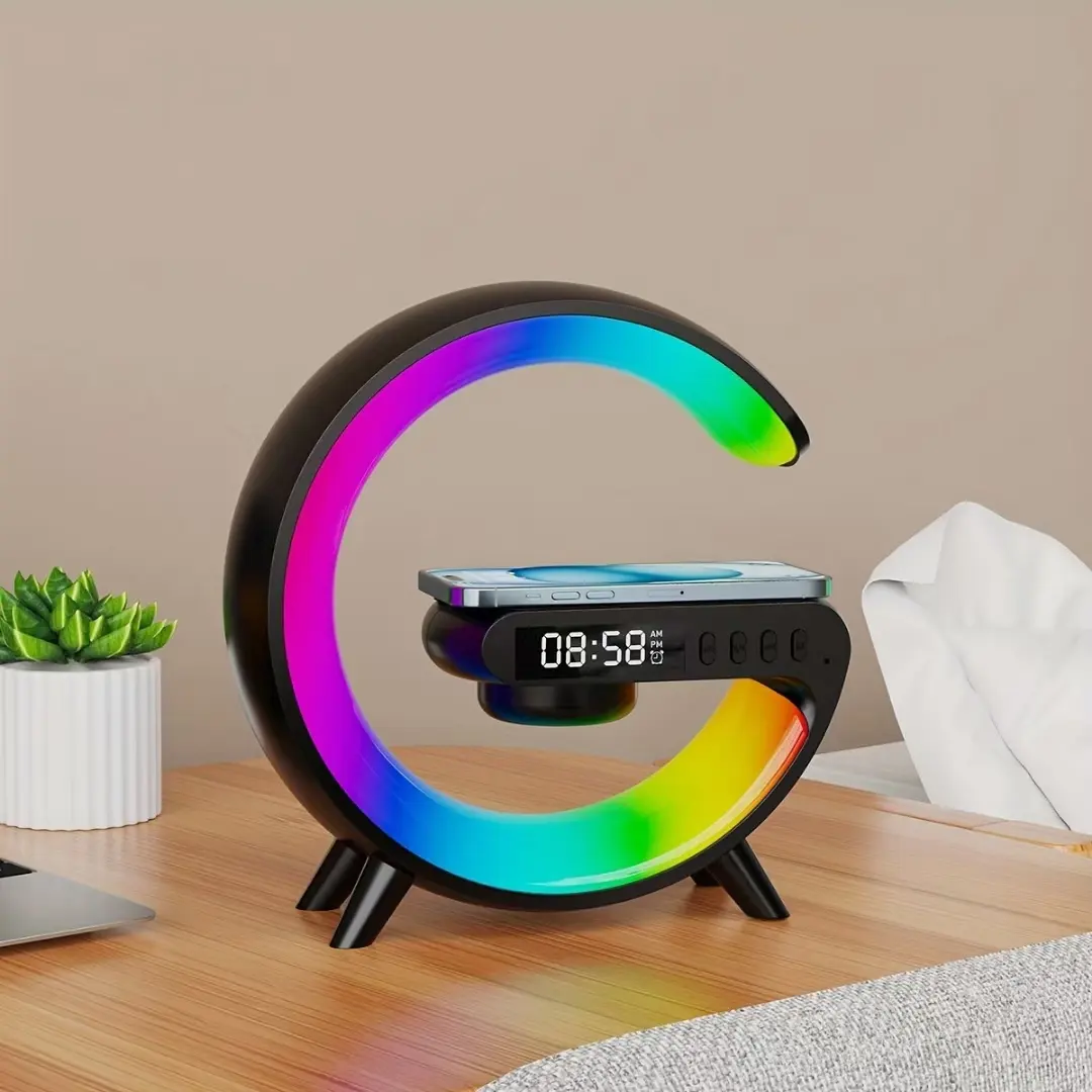 Despertador inteligente com alto-falantes Bluetooth 3 em 1 multifuncional com luz RGB e carregadores sem fio