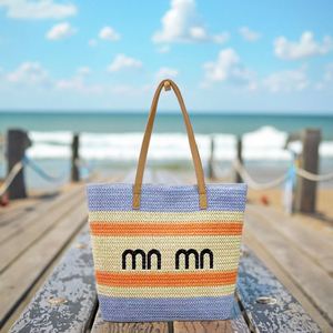 Sac de plage en paille pour voyage en plein air, sac de plage rayé coloré d'été, sac fourre-tout en paille grande capacité pour femmes, personnalisable - Product Image 5