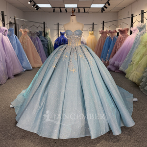 ชุดราตรีงาน Quinceanera สีฟ้าหรูหรา รุ่น Dy6854 ผ้าชีฟอง เอวธรรมชาติ แต่งลูกไม้ประดับเลื่อม งานปักลายฉลุ สำหรับงาน Sweet16 ป้องกันไฟฟ้าสถิตที่ไหล่ - Product Image 6