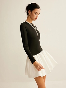 Robe Mini Femme Bicolore Personnalisable Style Boss Lady pour le Bureau, Haut en Jersey à Manches <span class=keywords><strong>Longues</strong></span> et Jupe Plissée, Robe 1 Pièce - Product Image 5