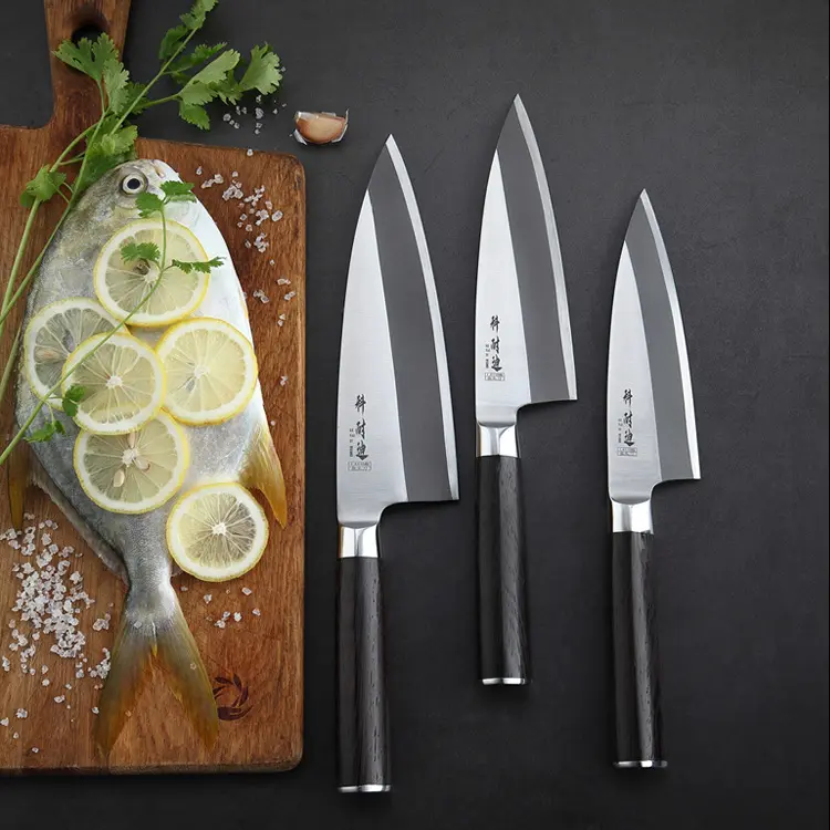 Grossista giapponese professionale vendita calda in acciaio inox affettato coltello Salman pesce Sushi Sashimi Chef coltello con manico in legno
