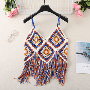 Nouveau <span class=keywords><strong>Gilet</strong></span> Court <span class=keywords><strong>Femme</strong></span> Tendance en <span class=keywords><strong>Crochet</strong></span> Fait Main avec Patchwork et Pompons, Style Urbain Sans Manches pour l'Été - Product Image 6