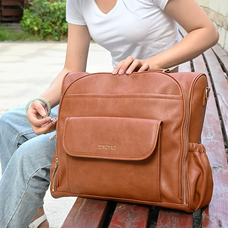 2023 Classy Leather Baby Diaper Backpack Bag Custom Eco-friendly Mommy Nappy Cross Body Diaper Bag