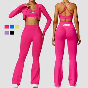 2024 Women Zipper Crop top Activewear Suit Bra Flares Seamless Sportswear Fitness Workout Gym Clothing 3 pcs Yoga Set