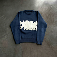Pull jacquard vintage bleu de qualité supérieure en maille, motif abstrait, streetwear d'hiver, coton épais, coupe ajustée, vente en gros