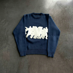 Pull jacquard vintage bleu de qualité supérieure en maille, motif abstrait, streetwear d'hiver, coton épais, coupe ajustée, vente en gros - Product Image 1