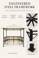 Bar de jardin extérieur avec gazebo 2,4x2,4m, poteaux en acier 40x40mm, double toit, abri pour barbecue, bar en verre noir, 2 tabourets
