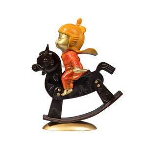 Figura Artística de Latón de Niña en Caballo Balancín, Adorno Decorativo para Oficina/Escritorio, Colección Cobre y Oro - Product Image 1