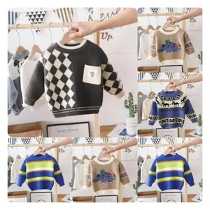 Wholesale children's sweater custom men's cotton round neck knitted sweater letter pattern retro striped pullover