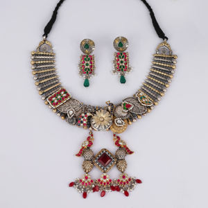 Handcrafted Oxidized Silver Ethnic Tribal <b>Jewelry</b> Set Classic Style Necklace with Red <b>Kundan</b> Accents - Product Image 1