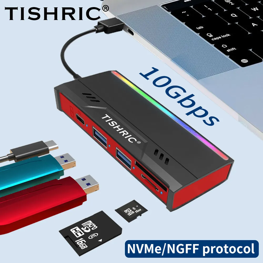 TISHRIC M2 Capa para SSD Suporte multifuncional leitor de cartão TF/SD 2 USB Expansão NVMe/NGFF Caixa de disco com protocolo duplo