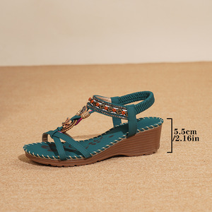 Bohemian Wedge Pog Heel Beach Sandals Multi-color Floral Rhinestones Breathable Elastic Band Four Seasons Everyday Casual Style - Product Image 2