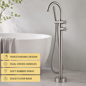Grifo <span class=keywords><strong>de</strong></span> bañera <span class=keywords><strong>de</strong></span> pie con cuello <span class=keywords><strong>de</strong></span> cisne, doble manija cruzada, <span class=keywords><strong>ducha</strong></span> <span class=keywords><strong>de</strong></span> mano, níquel cepillado, venta al por mayor <span class=keywords><strong>de</strong></span> fábrica - Product Image 6