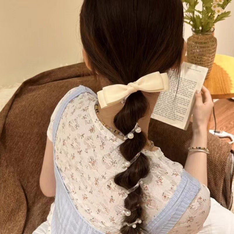 French Bow Beaded Telephone Cord Hair Band Sweet Bubble Braid Ponytail Hair Rope Braided Hair Elastic Band for Women
