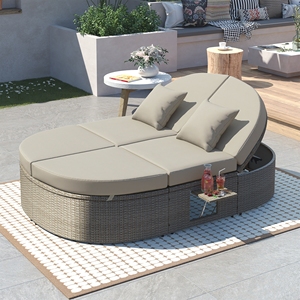 Lit de Jardin Pliant Moderne pour 2 Personnes avec Coussins et Oreillers, Cadre en Rotin et Fer, Chaise Longue Inclinable pour Patio et Cour - Product Image 1