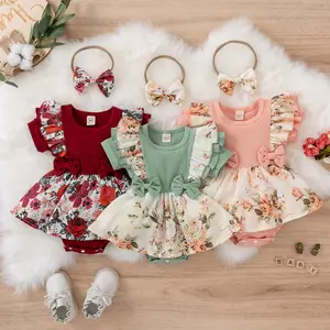 Infant Baby Girls Short Sleeve Romper Cute Flowers Printed Ruffle Jumpsuits +headband Suit Newborn Baby Clothes