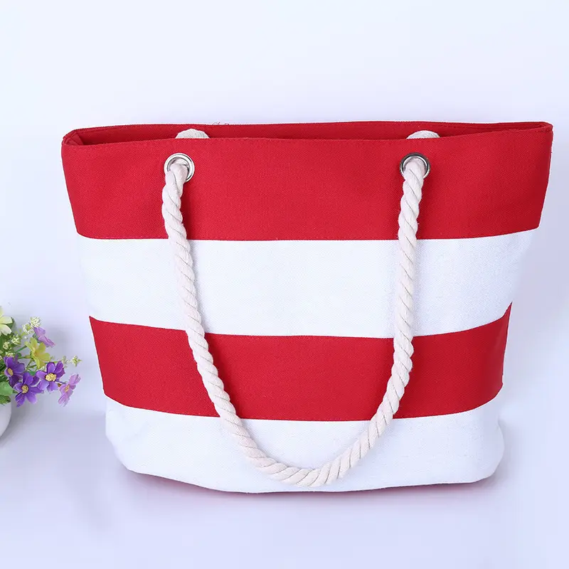 Gold Supplier Fashion Canvas Beach Bag and Powerful Canvas Shoulder Bag with Rope Handle Stripe Beach Handbag