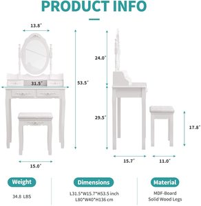 Table de toilette design moderne <span class=keywords><strong>pour</strong></span> femme <span class=keywords><strong>adulte</strong></span> avec miroir, table de toilette de maquillage, table de toilette blanche, maquillage - Product Image 6