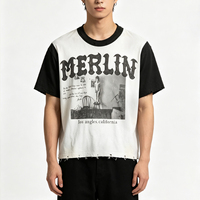 T-shirt Vintage Noir et Blanc Épais avec Lavage Vieilli, Manches Raglan Contrastantes, Impression DTG, T-shirt Streetwear à Trous Déchirés