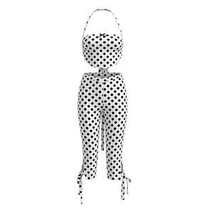 Viviblook C26ST128 Women Summer <b>Set</b> New Polka Dot Print Sleeveless Halter Strap Vest Crop Top Cropped Pant Two Pieces <b>Set</b> - Product Image 4