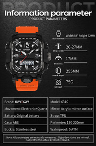 SANDA 6310 นาฬิกาข้อมืออิเล็กทรอนิกส์สำหรับผู้ชายแบบสี่เหลี่ยมจอแสดงผลคู่มัลติฟังก์ชั่นนับถอยหลังกีฬากลางแจ้งส่องสว่างกันน้ำ - Product Image 2