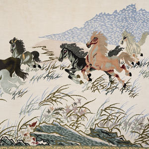 Alfombra de Seda Anudada a Mano de Lujo con Diseño de Ocho Caballos, 60x90 cm - Product Image 4