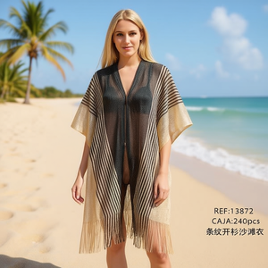 Cardigan rayé léger style kimono à franges pour femme, cache-maillot de bain, tenue de plage et vêtement d'extérieur, mode estivale - Product Image 1