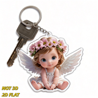 Porte-clés ange mignon avec couronne de fleurs roses, breloque en acrylique avec ailes blanches, accessoire léger et original pour clés