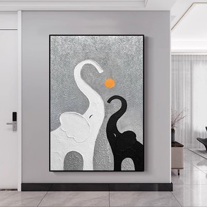 Auspicious Elephant Hand Painted Oil Painting Black White Texture Living Room Entryway Decorative <b>Wall</b> Art Metal <b>Frame</b> - Product Image 2