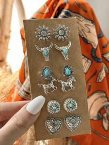 Ensembles <span class=keywords><strong>de</strong></span> boucles d'oreilles turquoise <span class=keywords><strong>de</strong></span> style occidental Cowgirl Cross Boot Horse Heart Flower Bull Head Shape Boucles d'oreilles Set pour femme - Product Image 4
