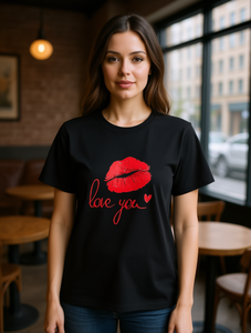 T-shirt Oversize da Donna con Stampa Labbra Rosse 'Love You', Nera, Collo Tondo, Manica Corta, Vestibilità Ampia, Top Casual per Tutte le Stagioni, 100% Cotone - Product Image 2