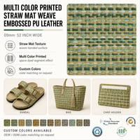 Vente en gros de cuir PU imprimé multicolore mat tissé en paille de 0,9 mm et 52 pouces de large pour chaussures, sacs, portefeuilles et porte-cartes