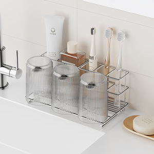 Support mural sans perçage en acier inoxydable pour brosse à dents électrique, avec égouttoir intégré pour gobelets, étagère de salle de bain - Product Image 1