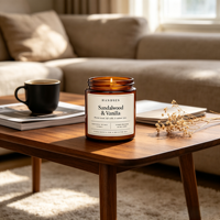 Pot à bougie brun ambre, récipient en verre lisse pour le versement de cire, design d'étiquette crème minimaliste et décoration intérieure de style farmhouse