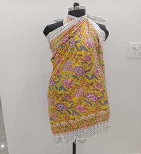 Bright Canary Yellow & Fuchsia Pink Handmade 100% Cotton <b>Sarong</b> Set Boho Scarf Floral Beachwear for Wholesale Price - Product Image 2