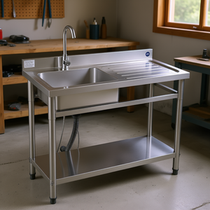 Évier utilitaire simple en acier inoxydable 39,4 x 19,7 po avec égouttoir droit et robinet, autoportant pour cuisine et garage - Product Image 2