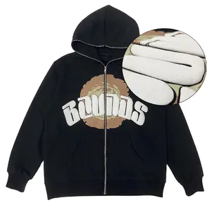 Reiß verschluss Kragen Full Zip Up 3D Puff Printing Hoodies Schwarz Schwergewicht 100% Baumwolle Full Zip Up Puff Print Männer Hoodie