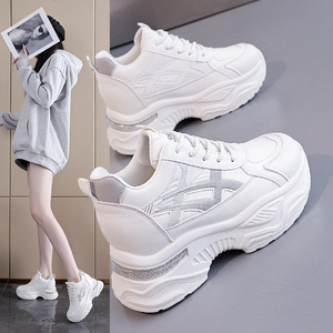 Zapatillas Deportivas de Malla para Mujer, con Cordones, Punta Redonda, Transpirables, Suela Gruesa, Entresuela de EVA, Suela Exterior de Goma, para Todas las Temporadas, Blancas - Product Image 1