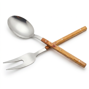 Ensemble cuillère et fourchette de service Acme avec manche en bois, en acier inoxydable, design minimaliste, compatible lave-vaisselle, pour la restauration et les événements - Product Image 1