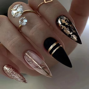 <span class=keywords><strong>Uñas</strong></span> Postizas Doradas Francesas con Diseño de Almendra, Media Cobertura, con Purpurina, Material ABS, Pre-diseñadas, 24 Piezas para Fiestas, Bodas, <span class=keywords><strong>Halloween</strong></span> - Product Image 3
