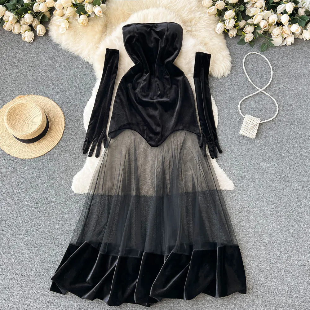 Dark Style Velvet Gauze Dress Backless G-loves Bra Pads Strapless Long Dress Women Formal Evening Prom Dress