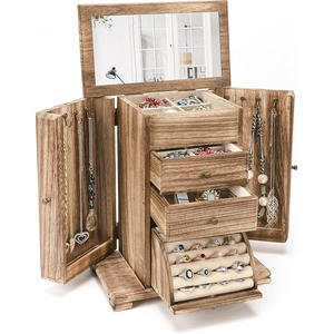 Joyero para mujer, cajas <span class=keywords><strong>de</strong></span> joyería <span class=keywords><strong>de</strong></span> <span class=keywords><strong>madera</strong></span> rústica, <span class=keywords><strong>organizadores</strong></span> con espejo, caja organizadora <span class=keywords><strong>de</strong></span> joyería <span class=keywords><strong>de</strong></span> 4 capas - Product Image 1