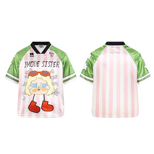 Camiseta de Gran Tamaño con Estampado de Chica de Dibujos Animados 3MODE SISTER, Camiseta Y2K con Cuello en V a Rayas, Estilo Urbano, 100% Poliéster, Impresión Digital - Product Image 3