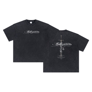 T-shirt in puro cotone da 250g, vestibilità ampia, con stampa astratta, stile scuro, lavaggio vintage, effetto distressed, di tendenza, di marca, versatile, transfrontaliero - Product Image 1