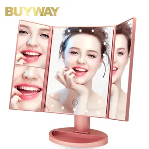 Cermin Rias Wajah Pembesar Penggunaan USB Cermin Rias Pintar Kontrol Sentuh Bercahaya Meja Rias Berdiri Lipat Tiga Lampu Led Cermin Rias Rias