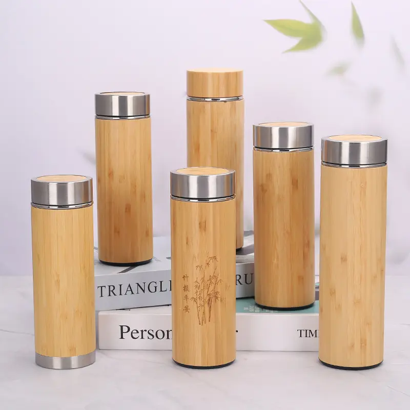 Custom Logo Natural Eco Friendly Stainless Steel Water Bottle Bamboo Cups Wooden Fiber Drinking Bottle With Filter Cup