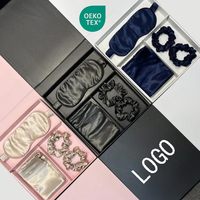 Ensemble cadeau de luxe en soie tissée 100% avec couleur et logo personnalisés - Utilisation à domicile et en hôtel - Taie d'oreiller, masque pour les yeux, chouchous pour cheveux et masque de sommeil