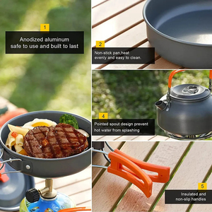 Ensemble de cuisine de camping en aluminium, vaisselle portable d'extérieur, kit de cuisson, poêle, bol, bouilloire, équipement de randonnée, barbecue, pique-nique - Product Image 3