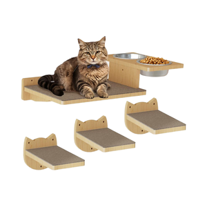 MeowHomm 3-stufige umwelt freundliche Holzwand regale Graviertes Katzen fütterung regal mit 2 Futtern äpfen Holzbett möbel Wand montage - Product Image 3